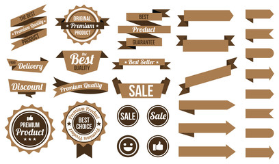 set of brown ribbons , badges and labels. flat design concept. branding and sale decoration. vector illustration. isolated on white background.