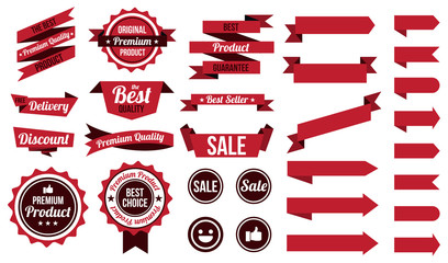set of red ribbons , badges and labels. flat design concept. branding and sale decoration. vector illustration. isolated on white background.