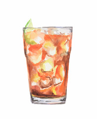 Isolated watercolor cocktail. Isolated glass with alcohol drink on white background.