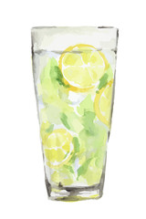 Isolated watercolor cocktail. Isolated glass with alcohol drink on white background. Ice cubes and lime. Mojito.