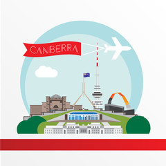 Canberra detailed silhouette. Trendy vector illustration, flat style. Stylish colorful landmarks.