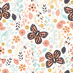 Seamless pattern with flowers, floral elements and butterflies, nature life