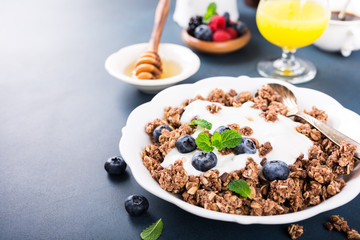 Homemade chocolate granola or muesli with yogurt and fresh blueberries for healthy morning breakfast, selective focus. Healthy food background with copy space for text.