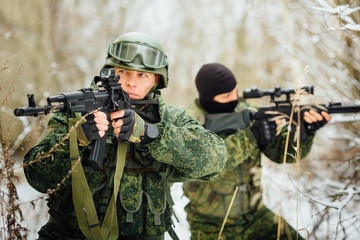 Fototapeta premium The team of soldiers engaged in the exploration area.
