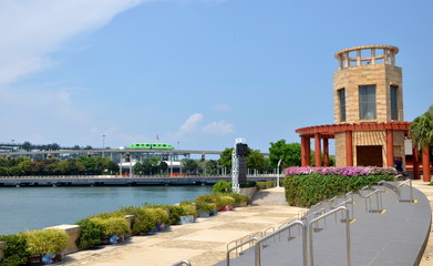 Fototapeta na wymiar View on Singapore monorail from Sentosa Island