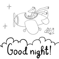 Awesome cute cartoon fox pilot flying on the airplane. Good nigh