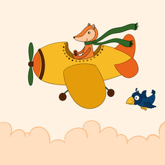 Naklejka premium Awesome cartoon fox flying on the airplane