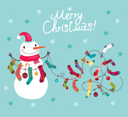 Cute snowman, christmas card. Snowman with socks and gifts