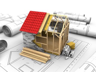 3d illustration of blank over drawings background with frame house structure