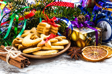 Christmas cookies with ginger decorated with red ribbon