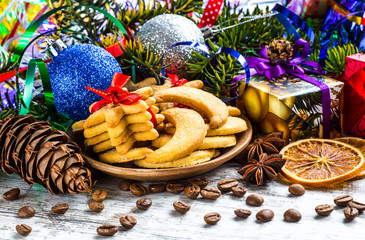 Christmas cookies with ginger decorated with red ribbon