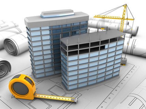 3d illustration of modern buildings over drawings background with crane