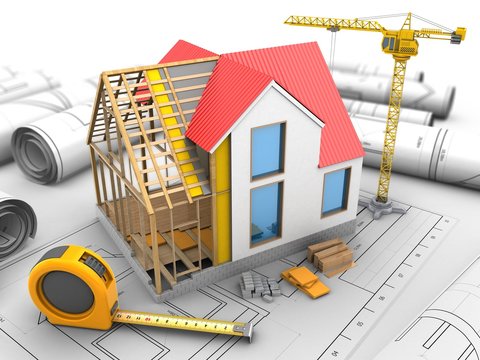 3d illustration of house structure over drawings background with crane