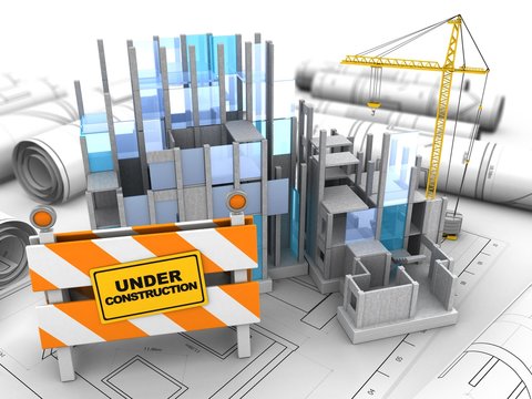3d illustration of building construction over drawings background with crane