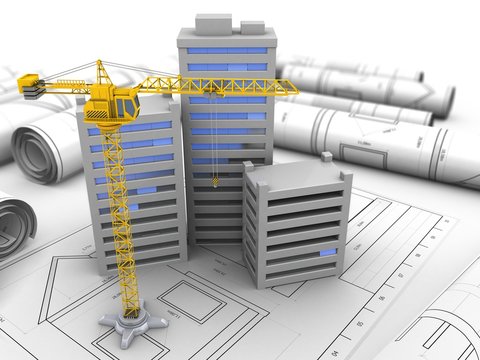 3d illustration of city over drawings background with crane