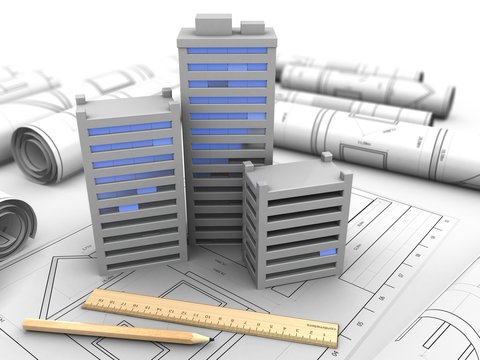 3d illustration of city over drawings background with drawing tools