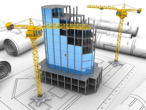 3d illustration of city building over drawings background with crane