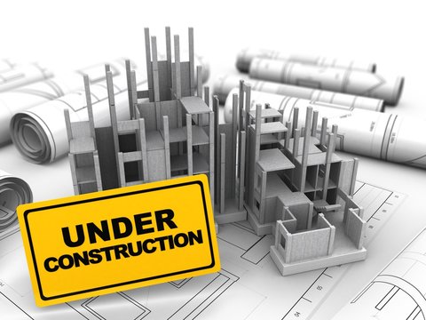 3d illustration of  over drawings background with under construction sign