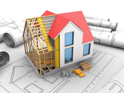 3d illustration of blank over drawings background with house structure