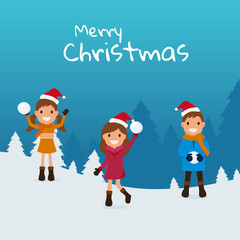 Obraz na płótnie Canvas Merry Christmas. Cute kids playing snowball in winter season. Christmas and Happy New Year. Cartoon Vector Illustration