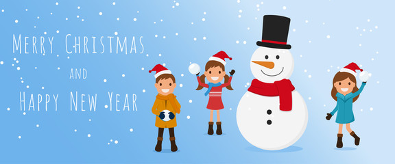 Merry Christmas. Cute kids and snowman playing snowball in winter season. Christmas and Happy New Year Banner. Cartoon Vector Illustration