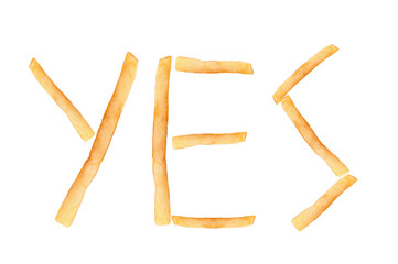 French fries in word yes isolated on white background