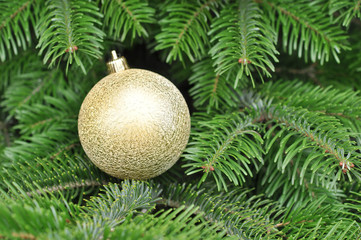 Closeup of Green Christmas-tree and Gold Glitter Ball decorations