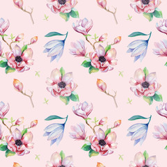 Obraz premium Watercolor seamless wallpaper with magnolia flowers, leaves.