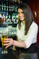 Pretty bartender serving beer at bar counter