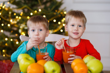 Fototapeta na wymiar Two little smiling kids, boys drink fruit juice on Christmas tree background. Happy friendly children