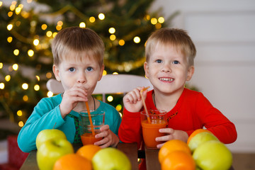 Fototapeta na wymiar Two little smiling kids, boys drink fruit juice on Christmas tree background. Happy friendly children