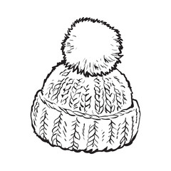 Bright winter knitted hat with pompon, sketch style vector illustrations isolated on white background. Hand drawn woolen hat with a big fluffy pompom, winter accessory