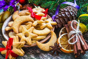 Christmas cookies with ginger decorated with red ribbon