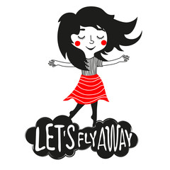 Cute romantic vector illustration with girl and clouds.