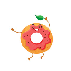Funny donut character with pink glazing and chocolate sprinkles, cartoon style vector illustration isolated on white background. Cute smiley freshly donut character with eyes and legs