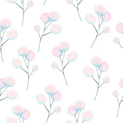 Seamless floral pattern with the watercolor abstract fluff branches, hand drawn on a white background
