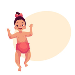 Cute little baby girl dancing happily, cartoon vector illustrations isolated on yellow background. Little girl, kid, child, baby, infant dancing from happiness with raised hands