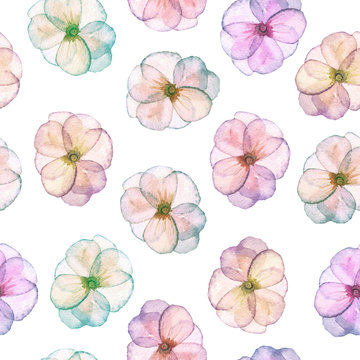 Fototapeta Seamless pattern with watercolor tender flowers in pink and purple pastel shades, hand drawn on a white background