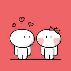 Cute man is in love with woman with hearts above the head on the red background. Meet and sympathy - cartoon vector illustration.