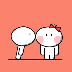 Cute man kisses confused woman with red cheeks on the pink background. Love and relationships - cartoon vector illustration.