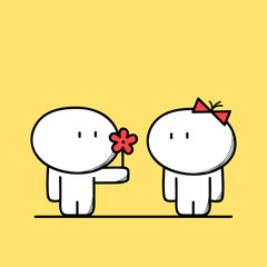 Cute man gives a flower to the woman on the yellow background. Love and relationships - cartoon vector illustration.
