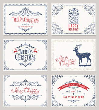 Ornate horizontal winter holidays greeting cards on the texture backgrounds. Vector illustration.
