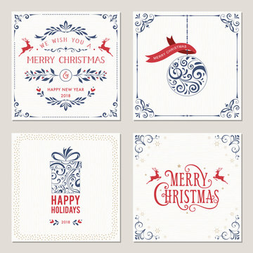 Ornate square winter holidays greeting cards with typographic design, Christmas ball, gift box and deers. Vector illustration.