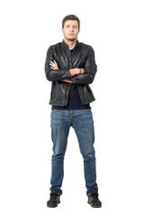 Fototapeta premium Front view of confident young man in casual clothes with crossed arms looking at camera. Full body length portrait isolated over white studio background.