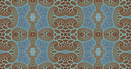 Abstract fractal high resolution seamless pattern background ideal for carpets, tapestries, fabric and wallpapers with a detailed abstract flower pattern in an interconnected grid in dark colors 