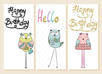 Collection of cute artistic cards for kids. Funny owls in vector. Greeting card for birthday.