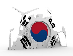 Energy and Power icons set with Korea flag. Sustainable energy generation and heavy industry. 3D rendering.