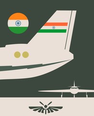 Vertical banner with the image of an airplane tail. Air company logo. India flag