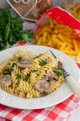 Fussili pasta with mushrooms