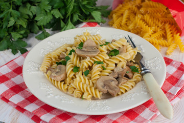 Fussili pasta with mushrooms